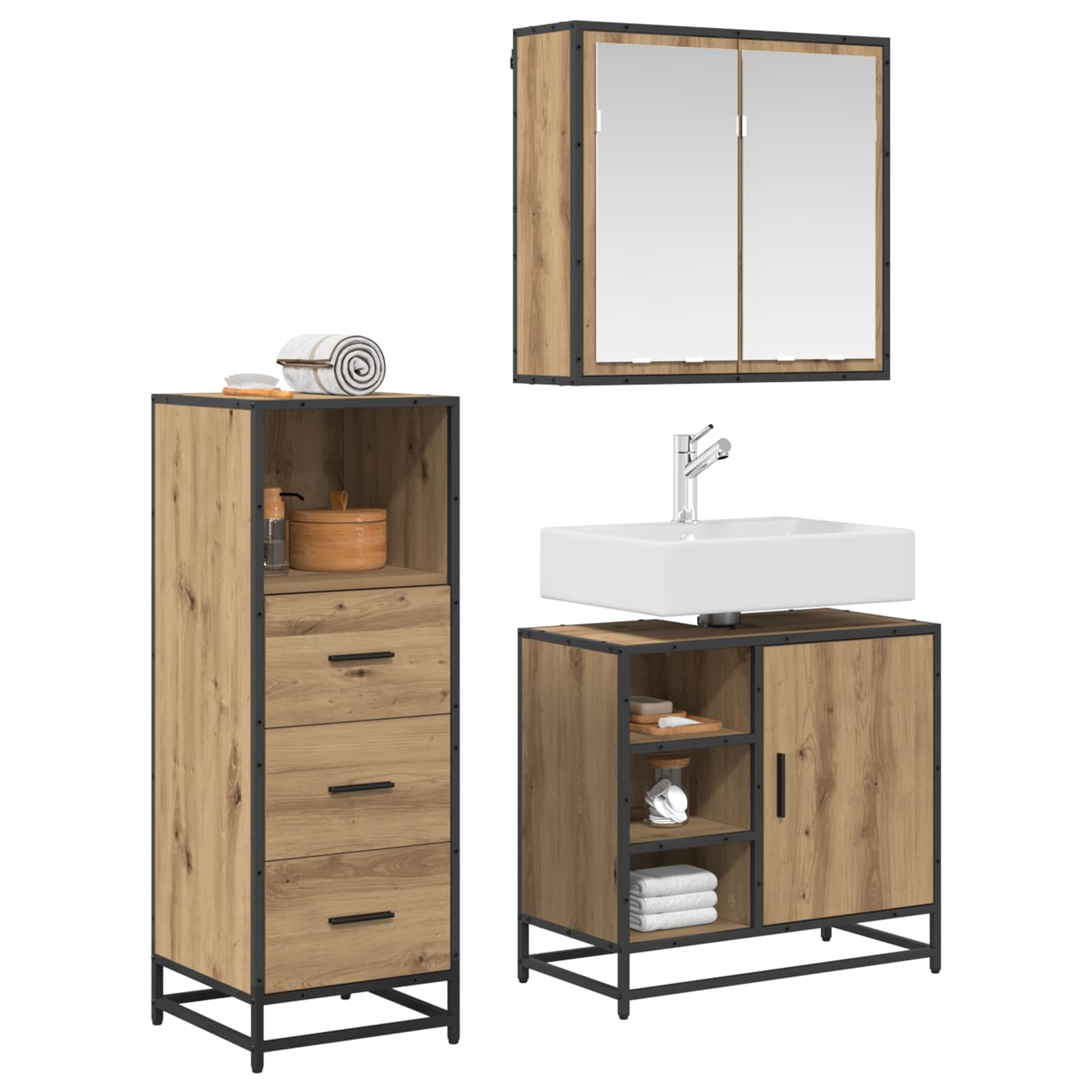 Badezimmermöbel-Set mit Regal 3 pcs Artisan-Eiche Holzwerkstoff