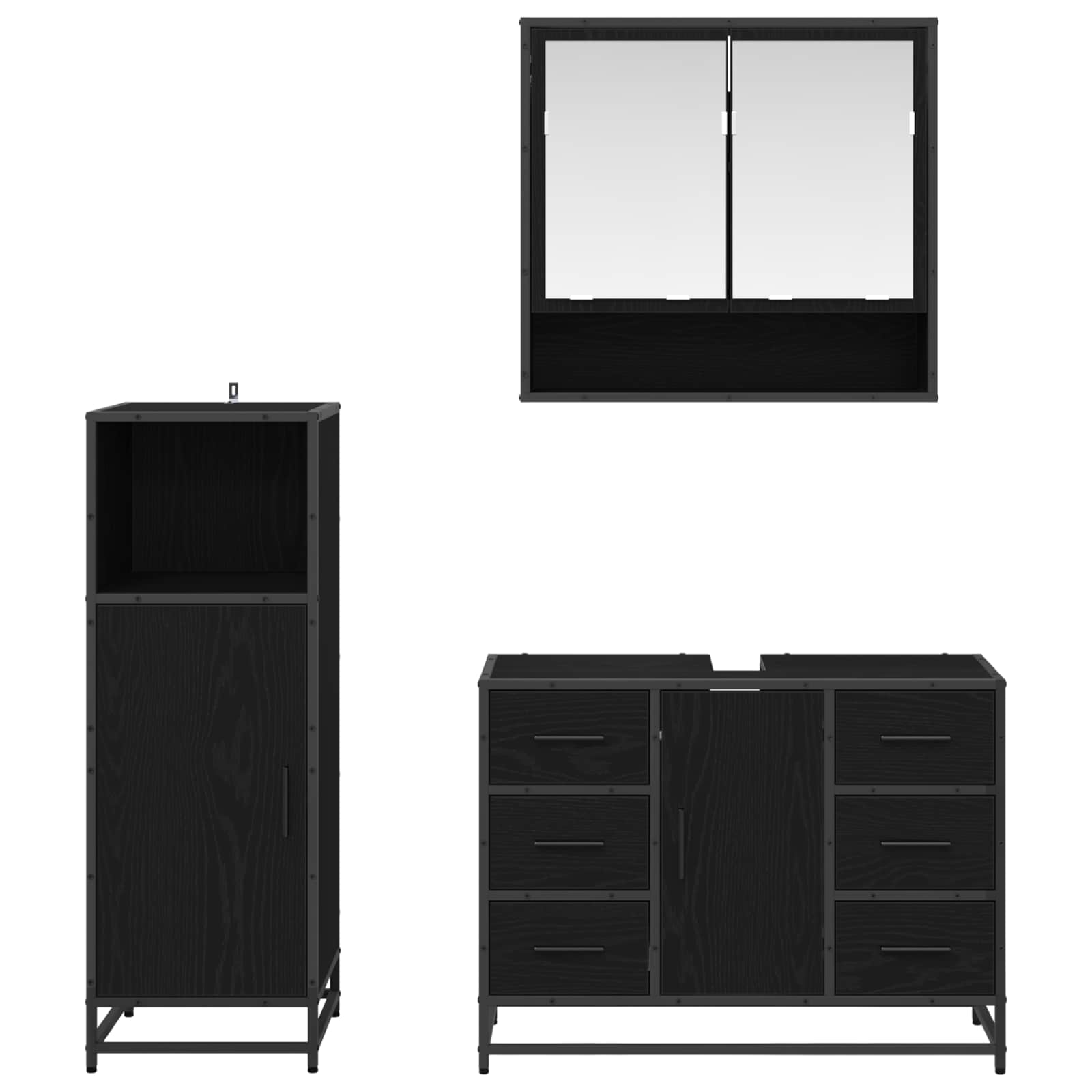 Badezimmermöbel-Set 3 pcs Schwarz Eichen-Optik Holzwerkstoff
