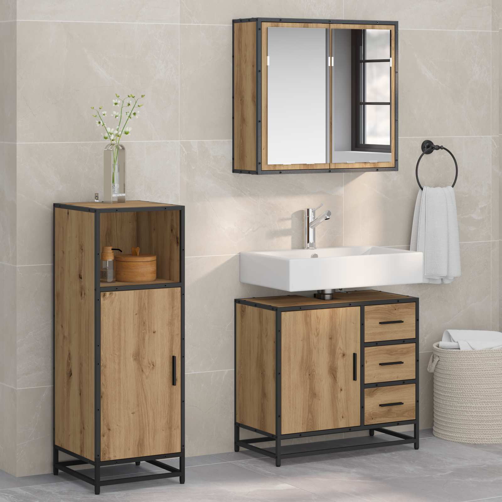 Badezimmermöbel-Set mit Regal 3 pcs Artisan-Eiche Holzwerkstoff