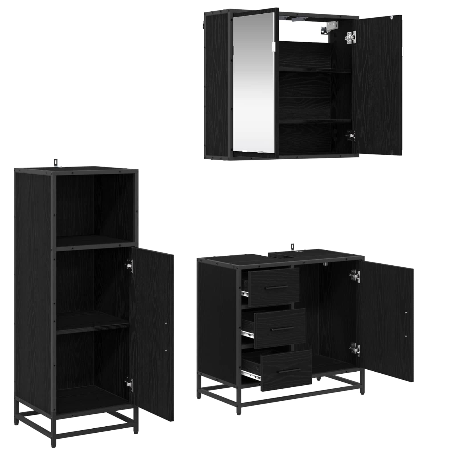 Badezimmermöbel-Set 3 pcs Schwarz Eichen-Optik Holzwerkstoff