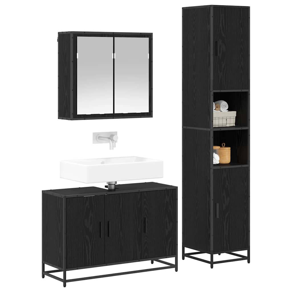 Badezimmermöbel-Set 3 pcs Schwarz Eichen-Optik Holzwerkstoff