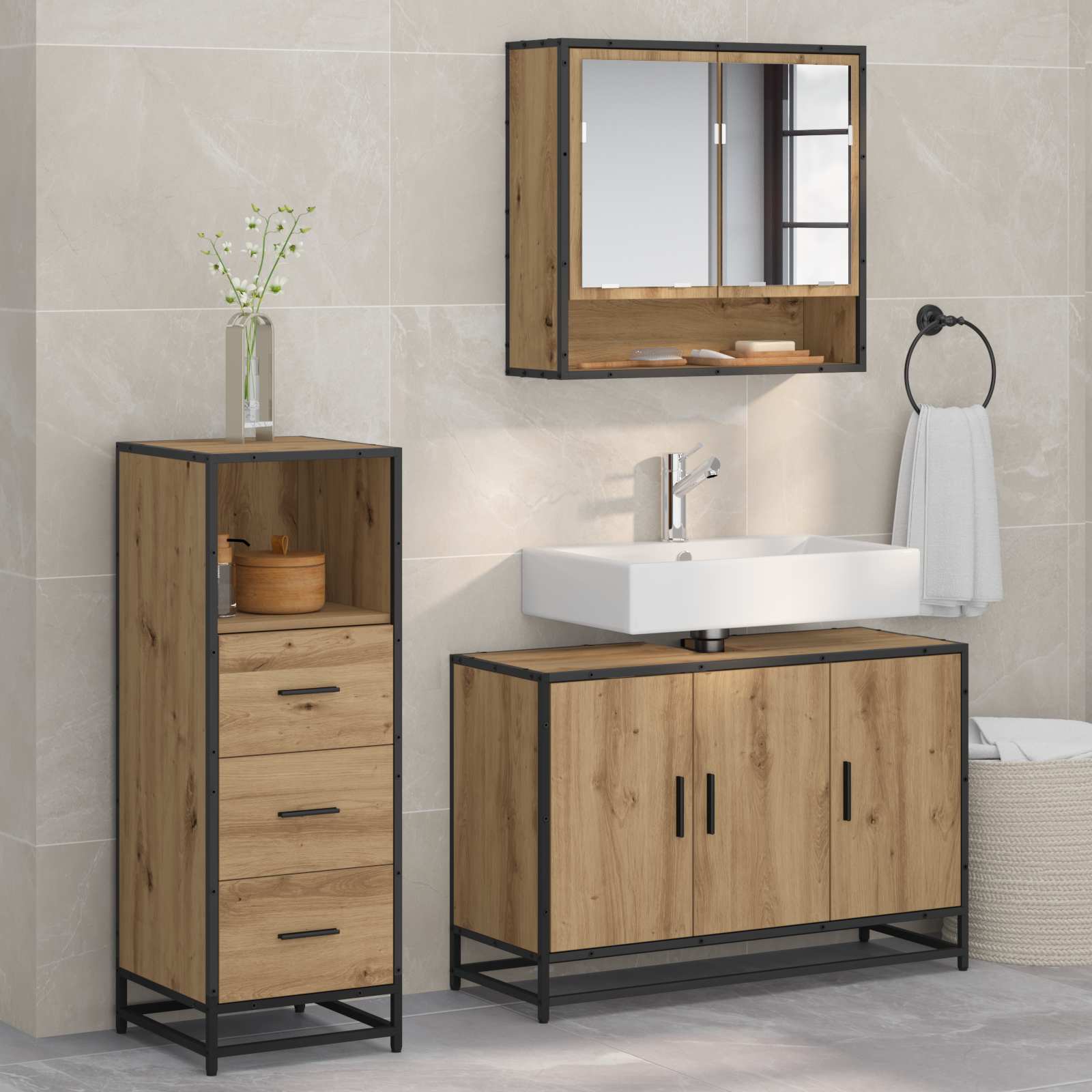 Badezimmermöbel-Set mit Regal 3 pcs Artisan-Eiche Holzwerkstoff