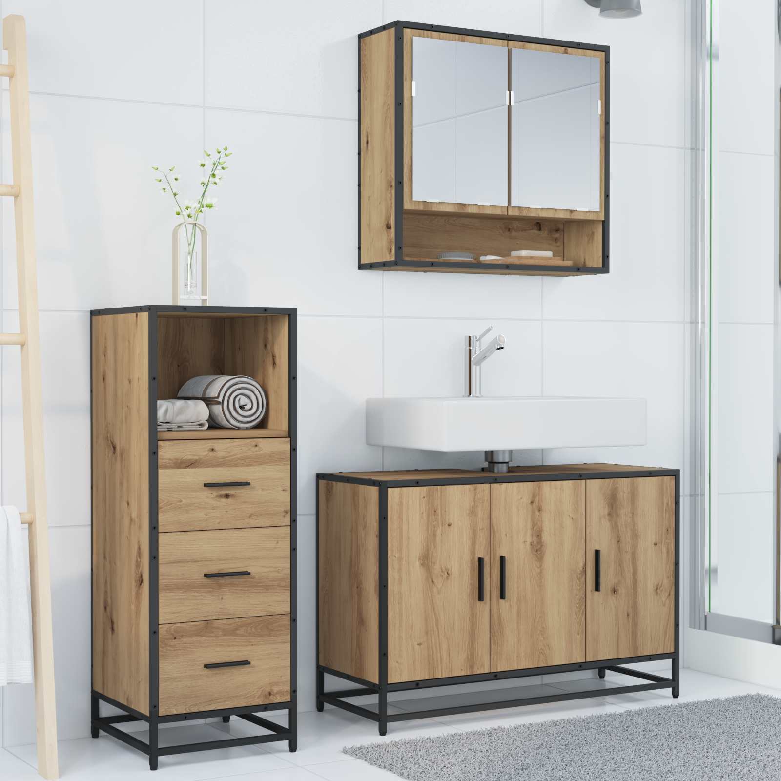 Badezimmermöbel-Set mit Regal 3 pcs Artisan-Eiche Holzwerkstoff