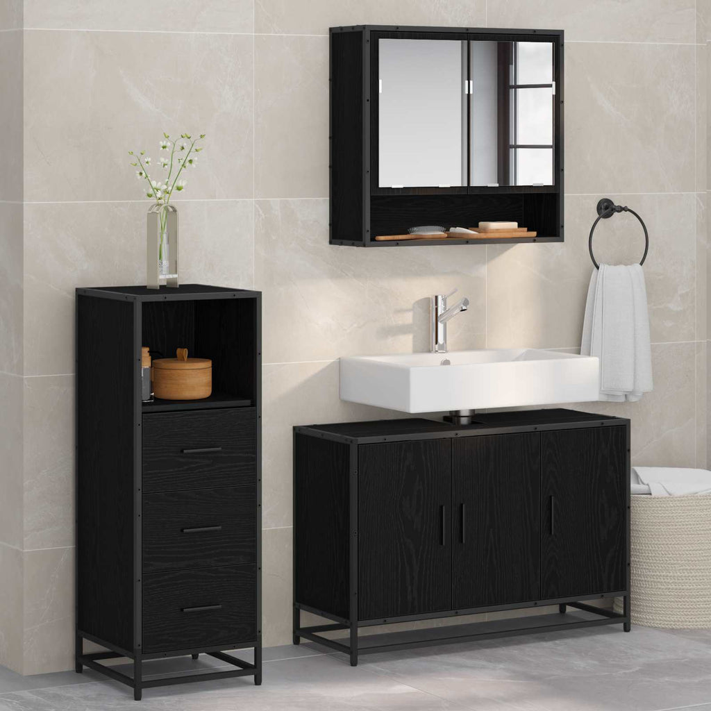 Badezimmermöbel-Set 3 pcs Schwarz Eichen-Optik Holzwerkstoff