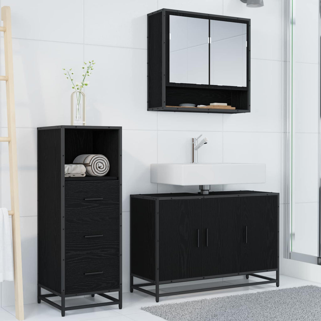 Badezimmermöbel-Set 3 pcs Schwarz Eichen-Optik Holzwerkstoff