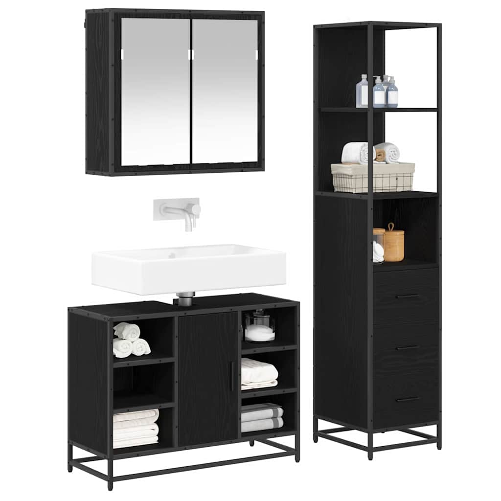Badezimmermöbel-Set 3 pcs Schwarz Eichen-Optik Holzwerkstoff