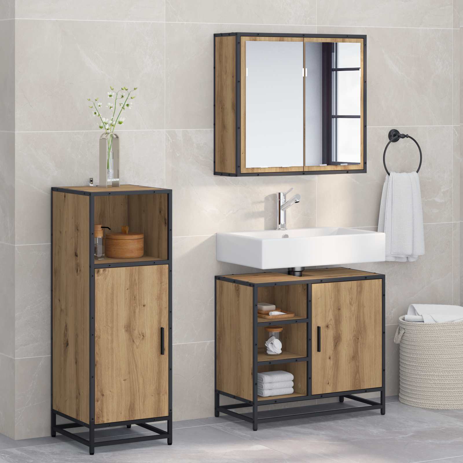 Badezimmermöbel-Set mit Regal 3 pcs Artisan-Eiche Holzwerkstoff
