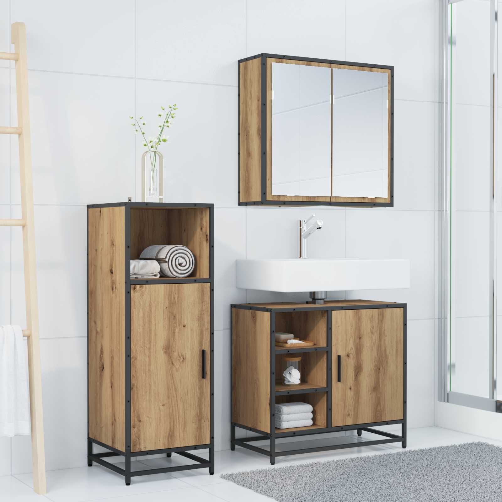 Badezimmermöbel-Set mit Regal 3 pcs Artisan-Eiche Holzwerkstoff
