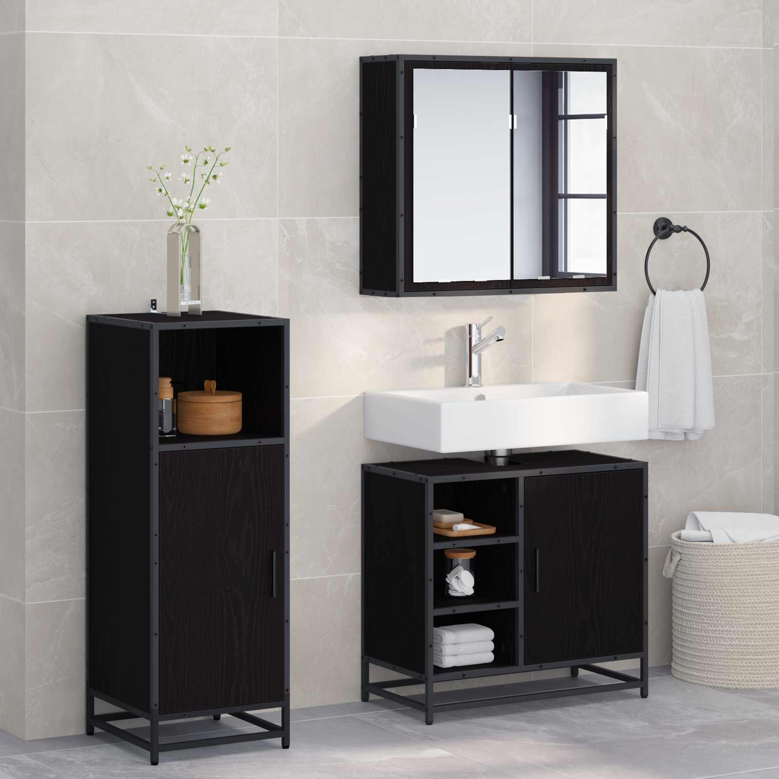 Badezimmermöbel-Set 3 pcs Schwarz Eichen-Optik Holzwerkstoff