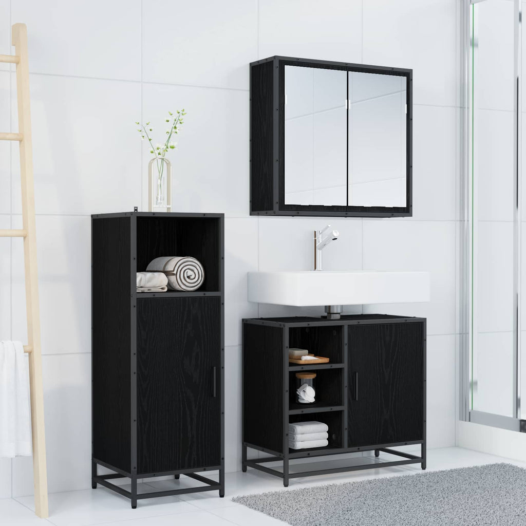 Badezimmermöbel-Set 3 pcs Schwarz Eichen-Optik Holzwerkstoff