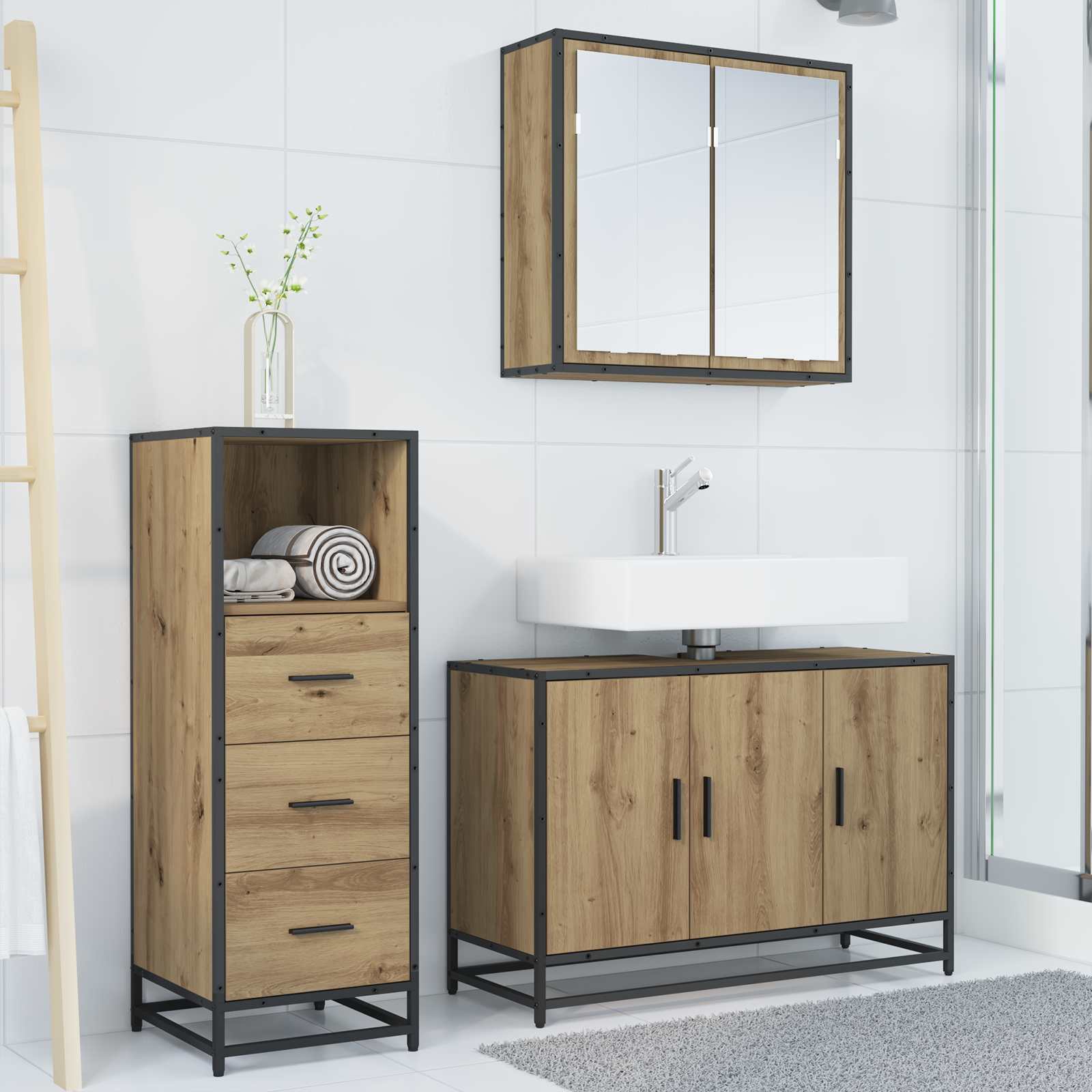 Badezimmermöbel-Set mit Regal 3 pcs Artisan-Eiche Holzwerkstoff
