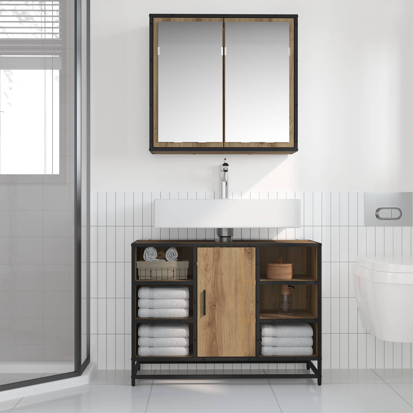 Badezimmermöbel-Set mit Regal 2 pcs Artisan-Eiche Holzwerkstoff