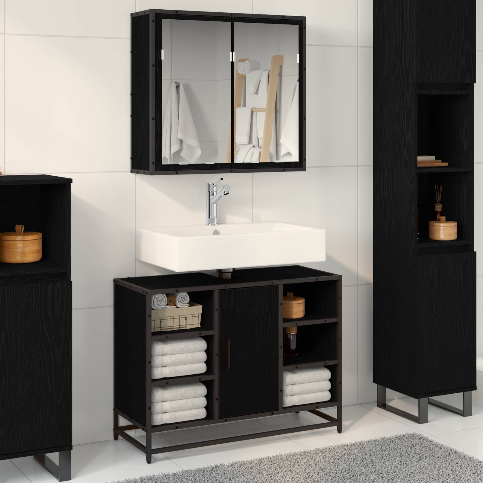 Badezimmermöbel-Set 2 pcs Schwarz Eichen-Optik Holzwerkstoff