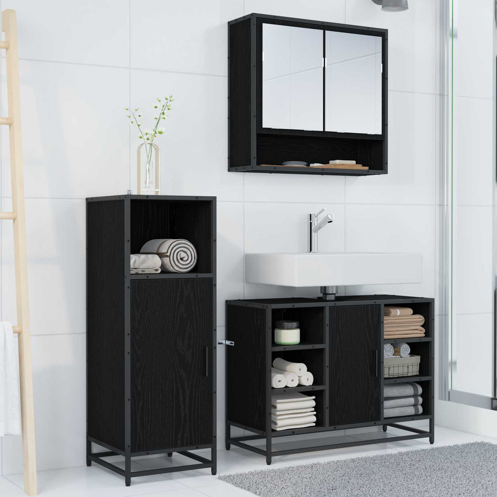 Badezimmermöbel-Set 3 pcs Schwarz Eichen-Optik Holzwerkstoff