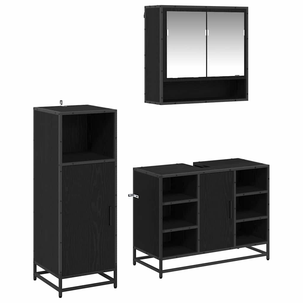 Badezimmermöbel-Set 3 pcs Schwarz Eichen-Optik Holzwerkstoff