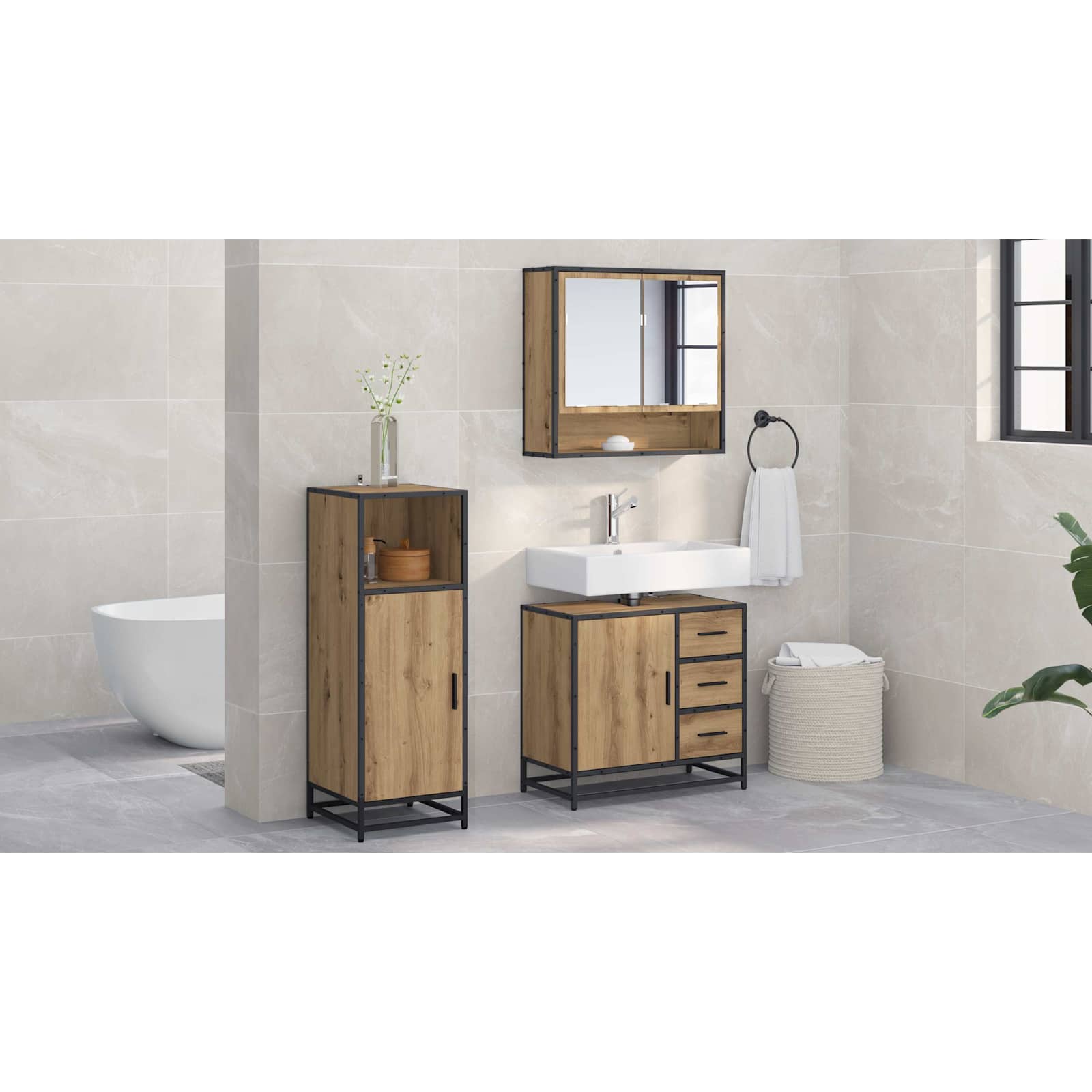 Badezimmermöbel-Set mit Regal 3 pcs Artisan-Eiche Holzwerkstoff
