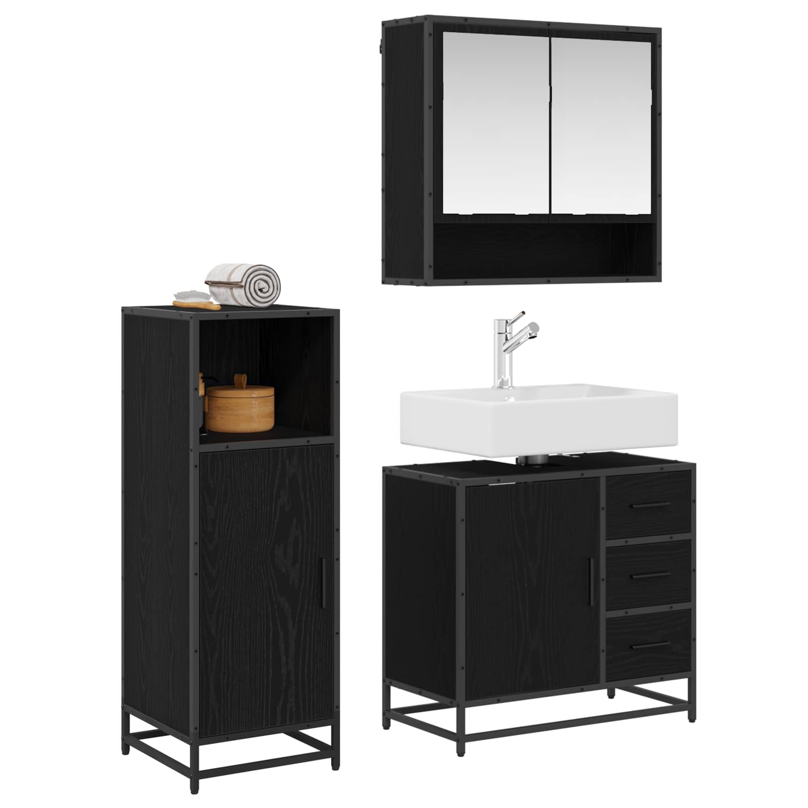Badezimmermöbel-Set 3 pcs Schwarz Eichen-Optik Holzwerkstoff