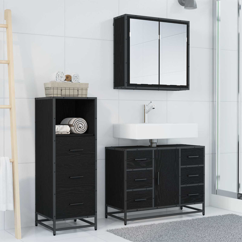Badezimmermöbel-Set 3 pcs Schwarz Eichen-Optik Holzwerkstoff