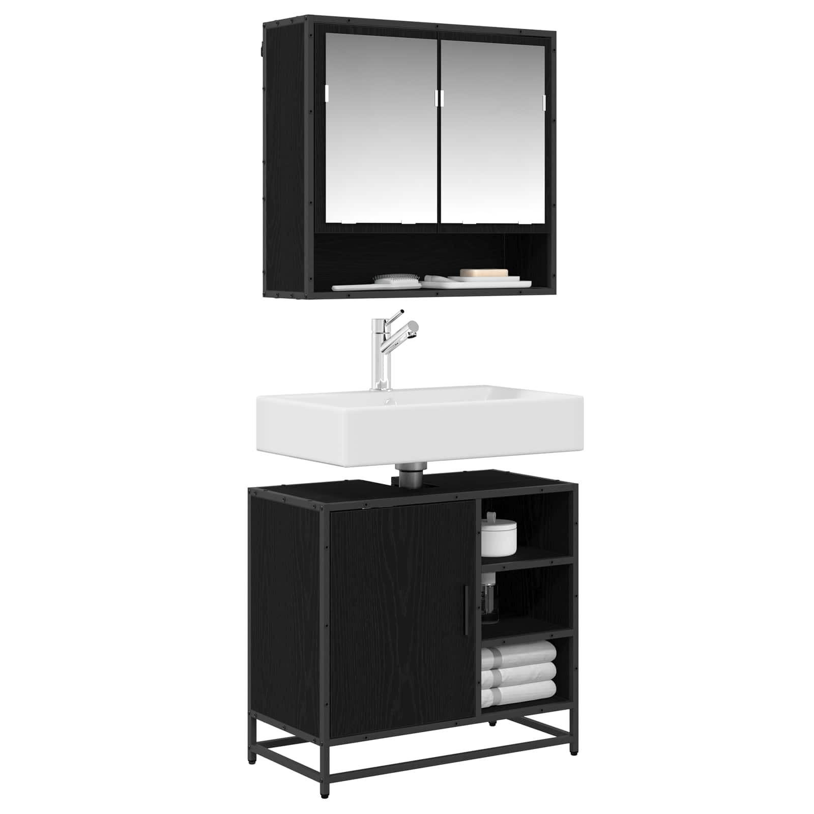 Badezimmermöbel-Set 2 pcs Schwarz Eichen-Optik Holzwerkstoff