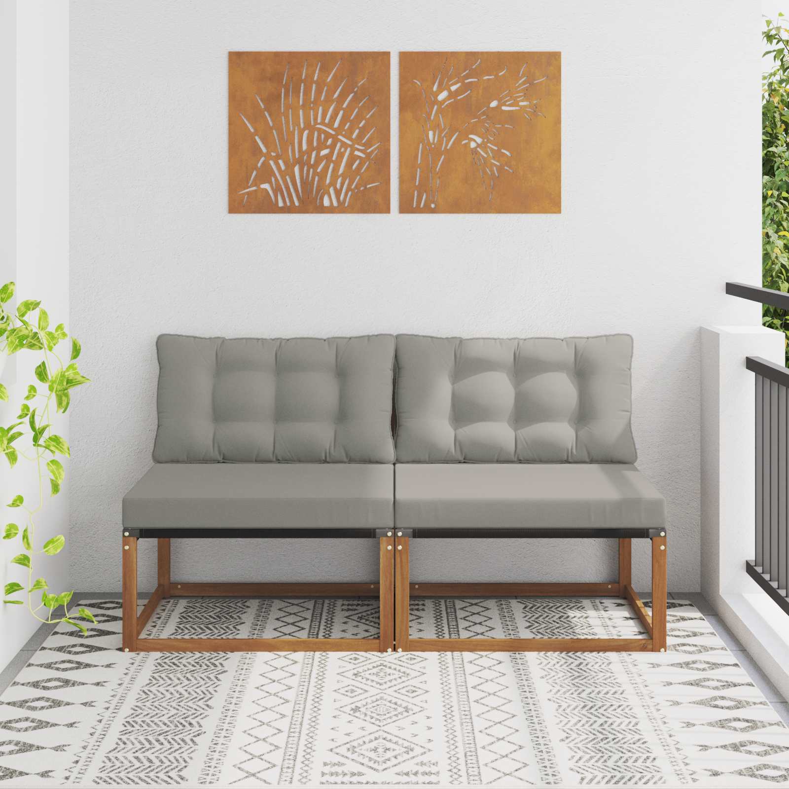 2 Stück Outdoor Mittelsofa Massives Akazienholz und Textilene