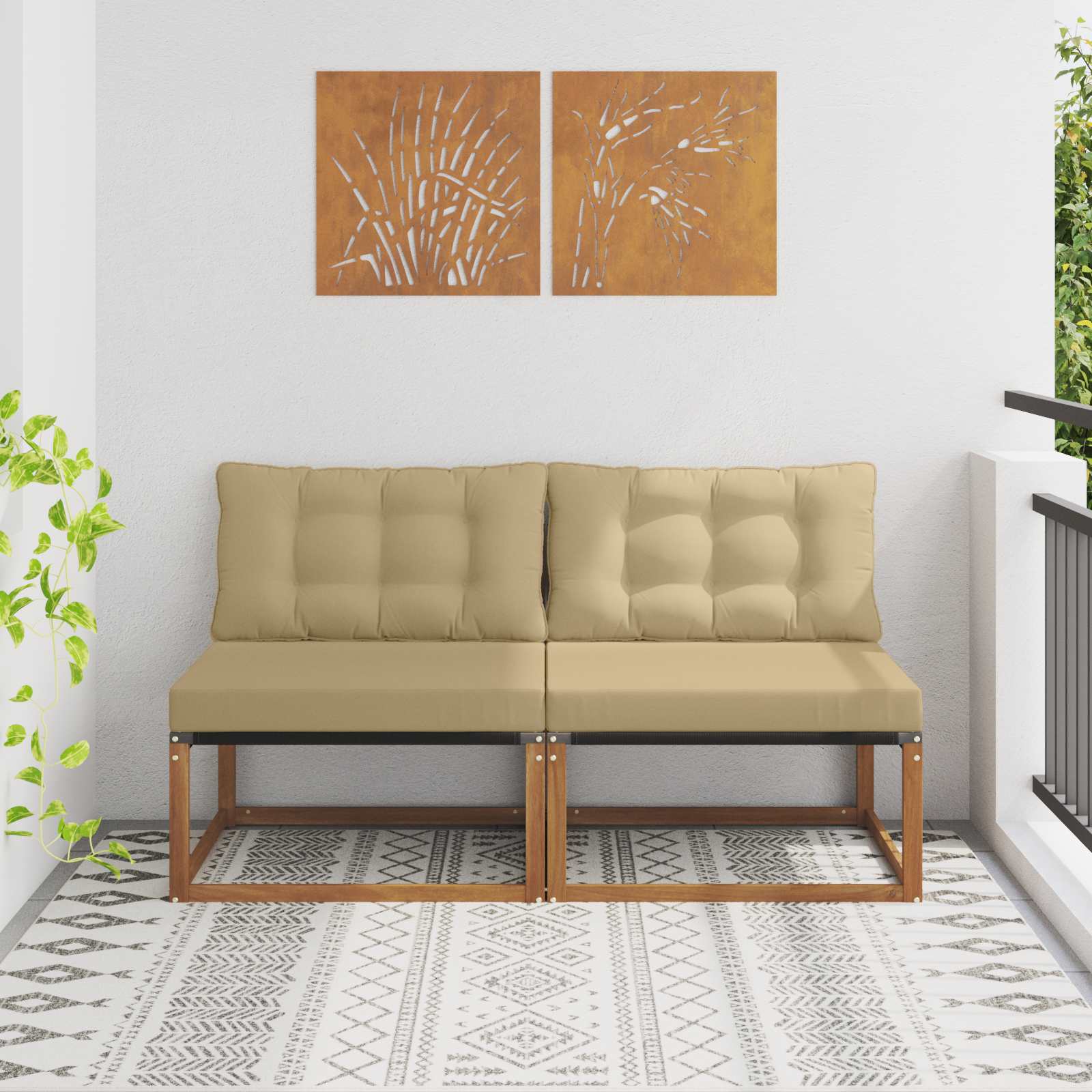 2 Stück Outdoor Mittelsofa Massives Akazienholz und Textilene
