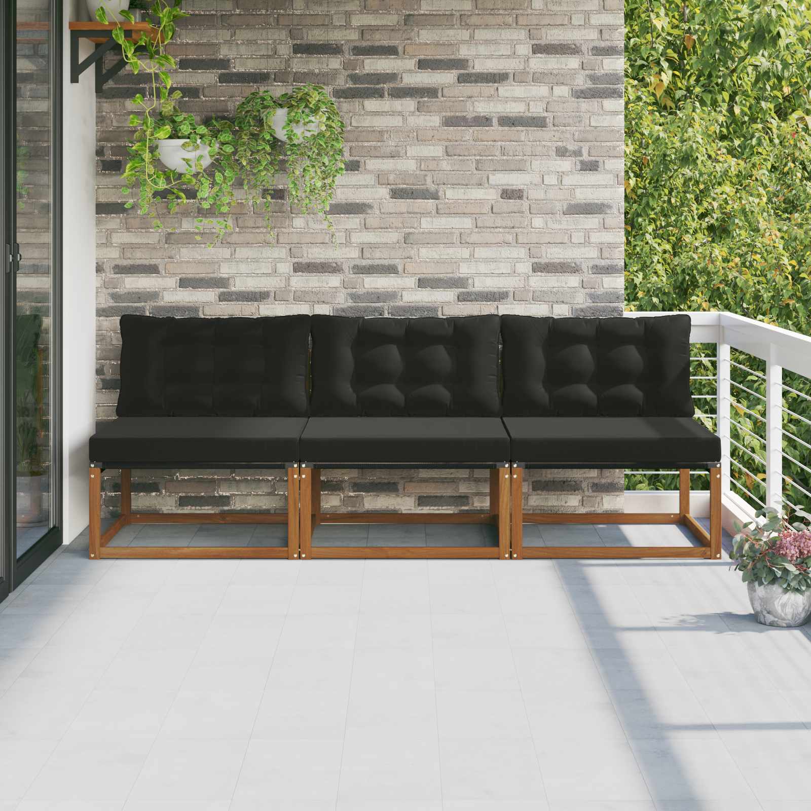 3 Stück Outdoor Mittelsofa Massives Akazienholz und Textilene