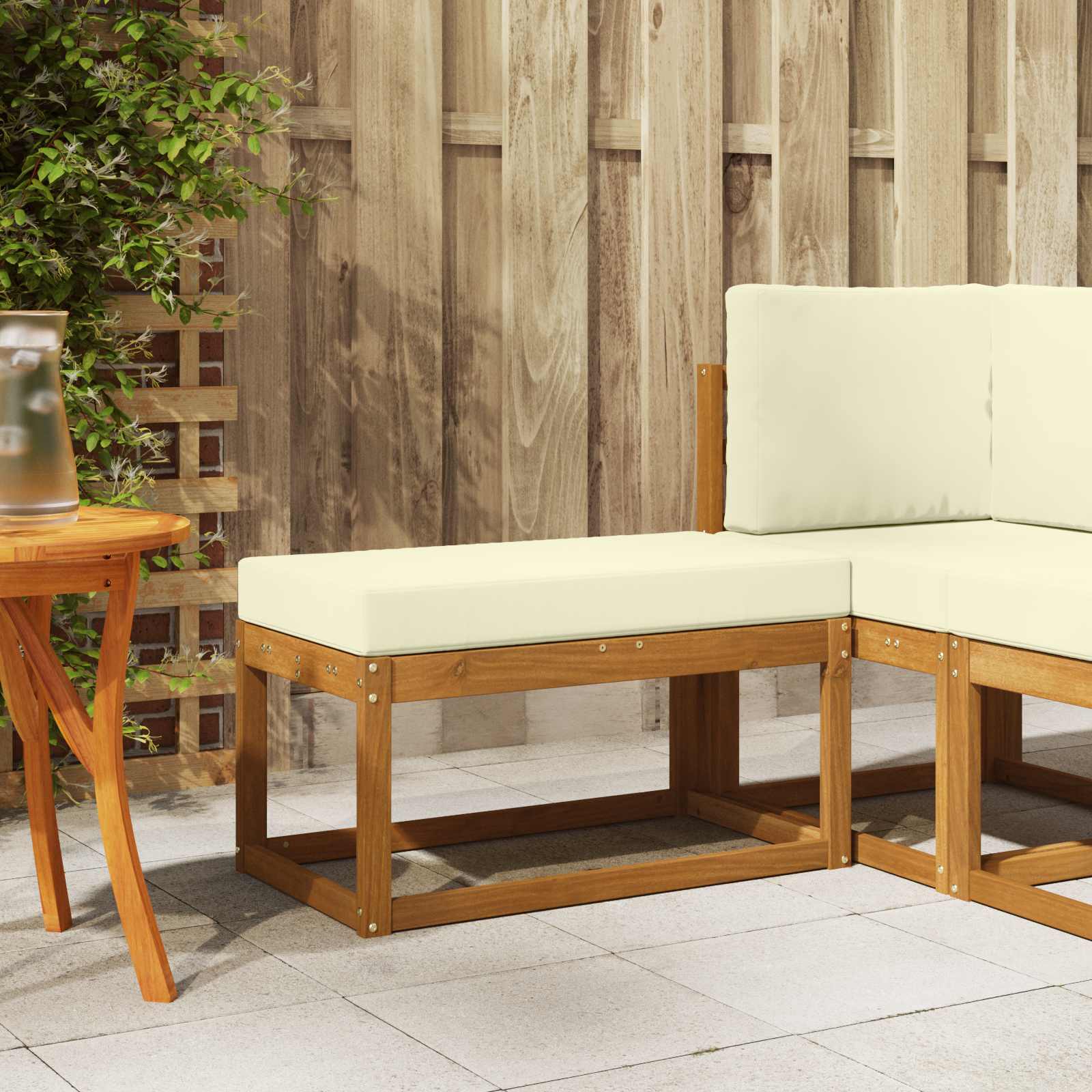 Outdoor Hockerbank mit Kissen Natur und Creme 79 x 43 x 37 cm