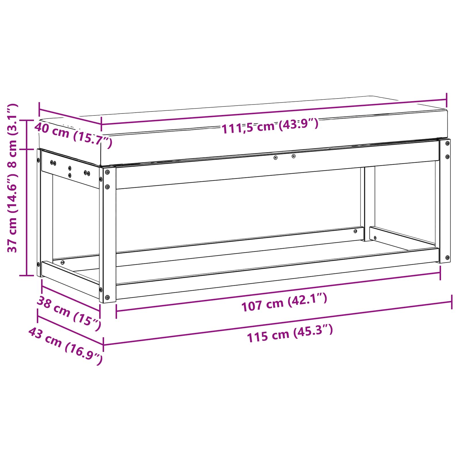 Outdoor Hockerbank mit Kissen Natur und Creme 115 x 43 x 45 cm