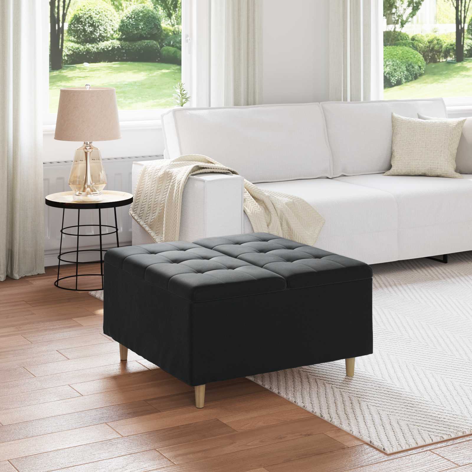Aufbewahrungsottomane mit Kissen Schwarz 80 x 80 x 45 cm Samt