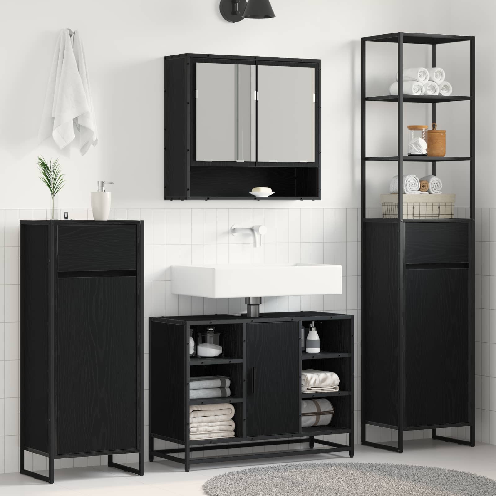 Badezimmerschrank mit Tür Schwarz Eichen-Optik 40 x 30 x 180 cm