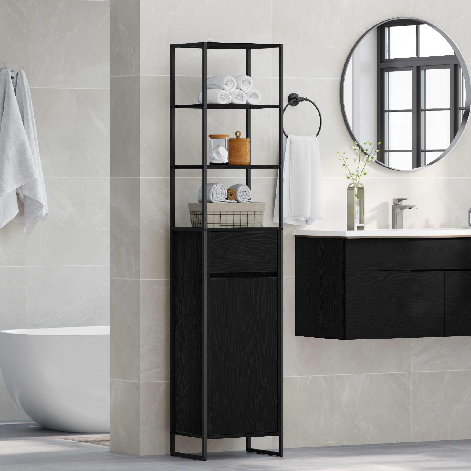 Badezimmerschrank mit Tür Schwarz Eichen-Optik 40 x 30 x 180 cm
