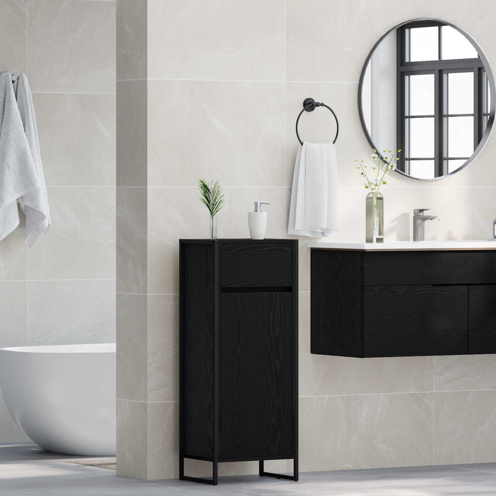 Badezimmerschrank mit Tür Schwarz Eichen-Optik 40 x 30 x 100 cm