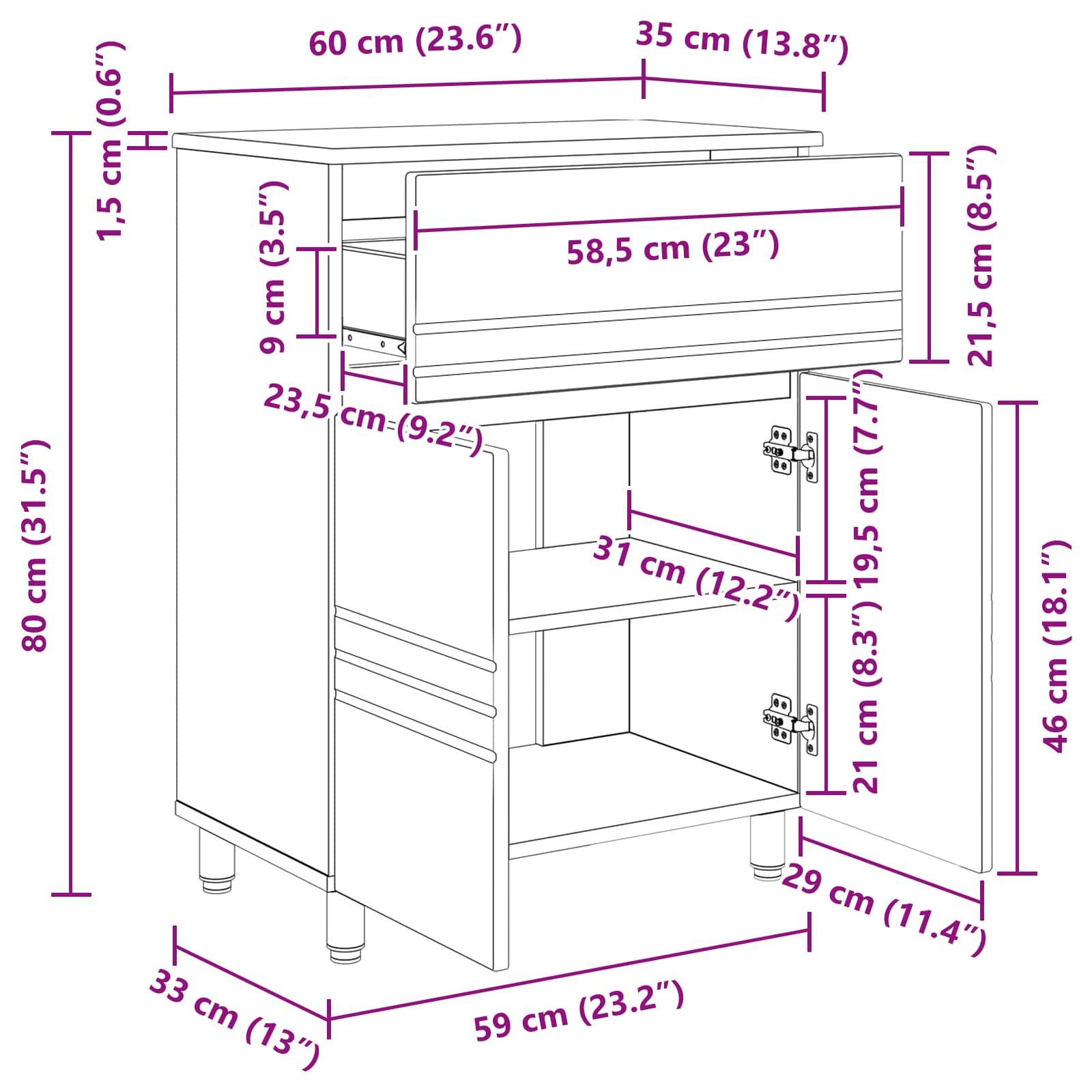 Waschtisch Artisan-Eiche 60 x 35 x 80 cm Holzwerkstoff
