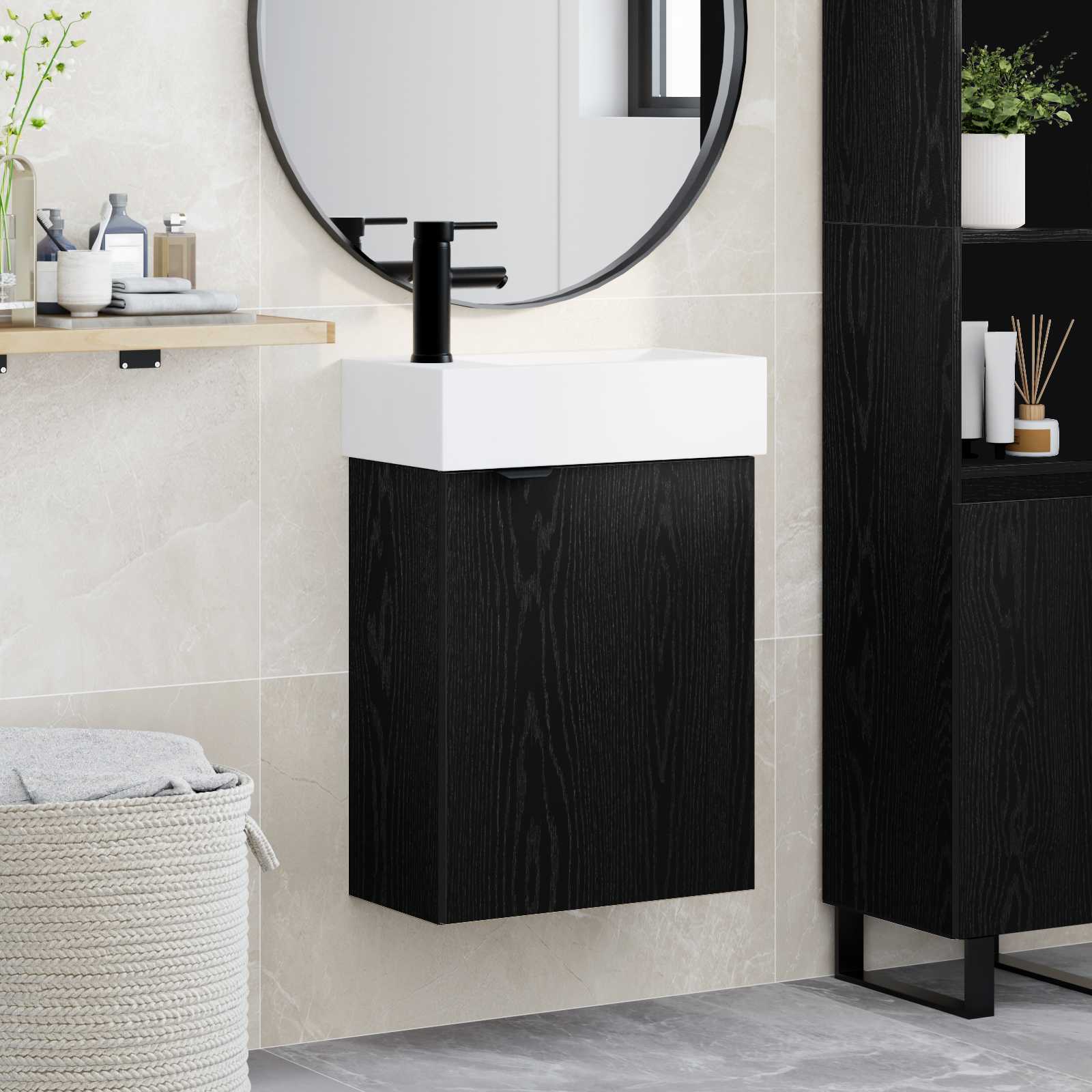 Badezimmer Waschtischunterschrank mit Wasserhahn Schwarze Eiche