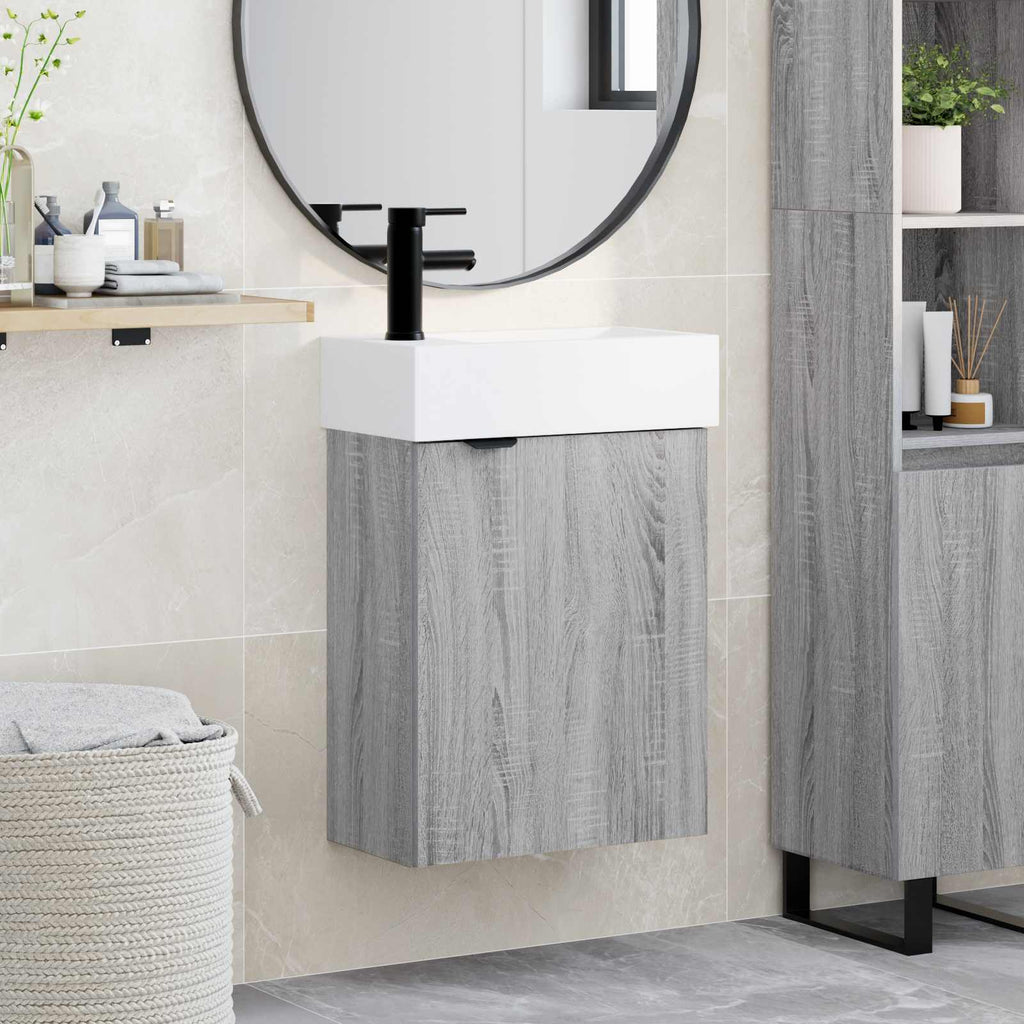 Badezimmer Waschtischunterschrank mit Wasserhahn Grau Sonoma