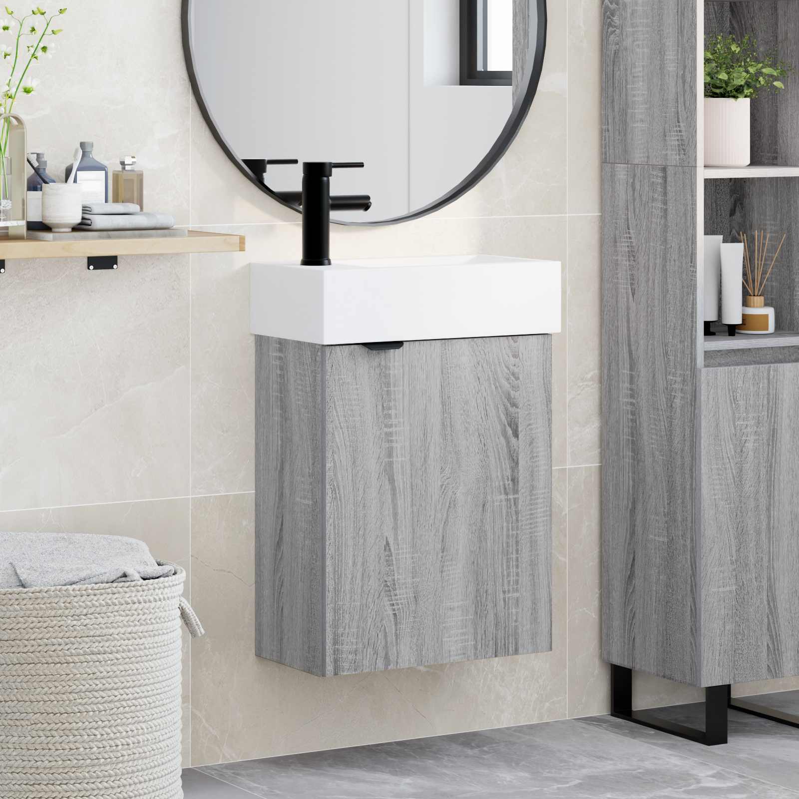 Badezimmer Waschtischunterschrank mit Wasserhahn Grau Sonoma
