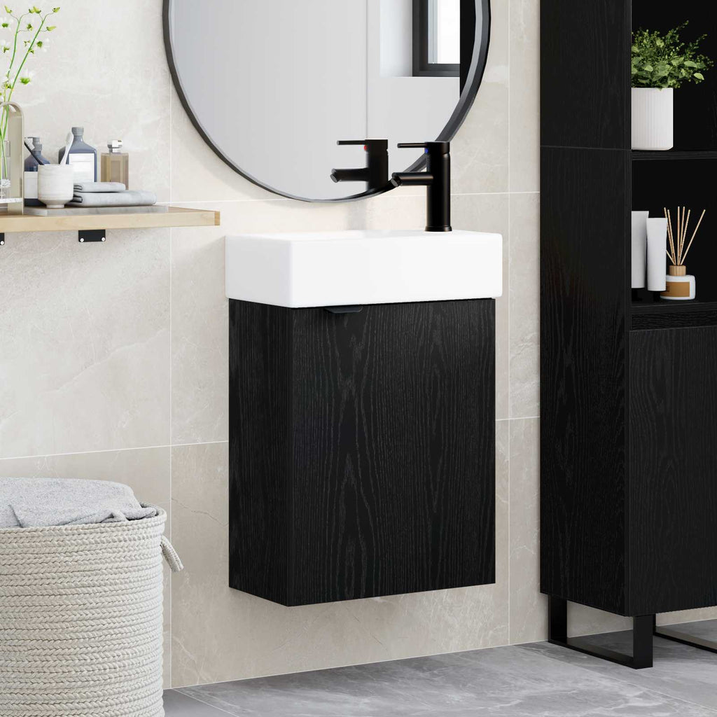 Badezimmer Waschtischunterschrank mit Wasserhahn Schwarze Eiche