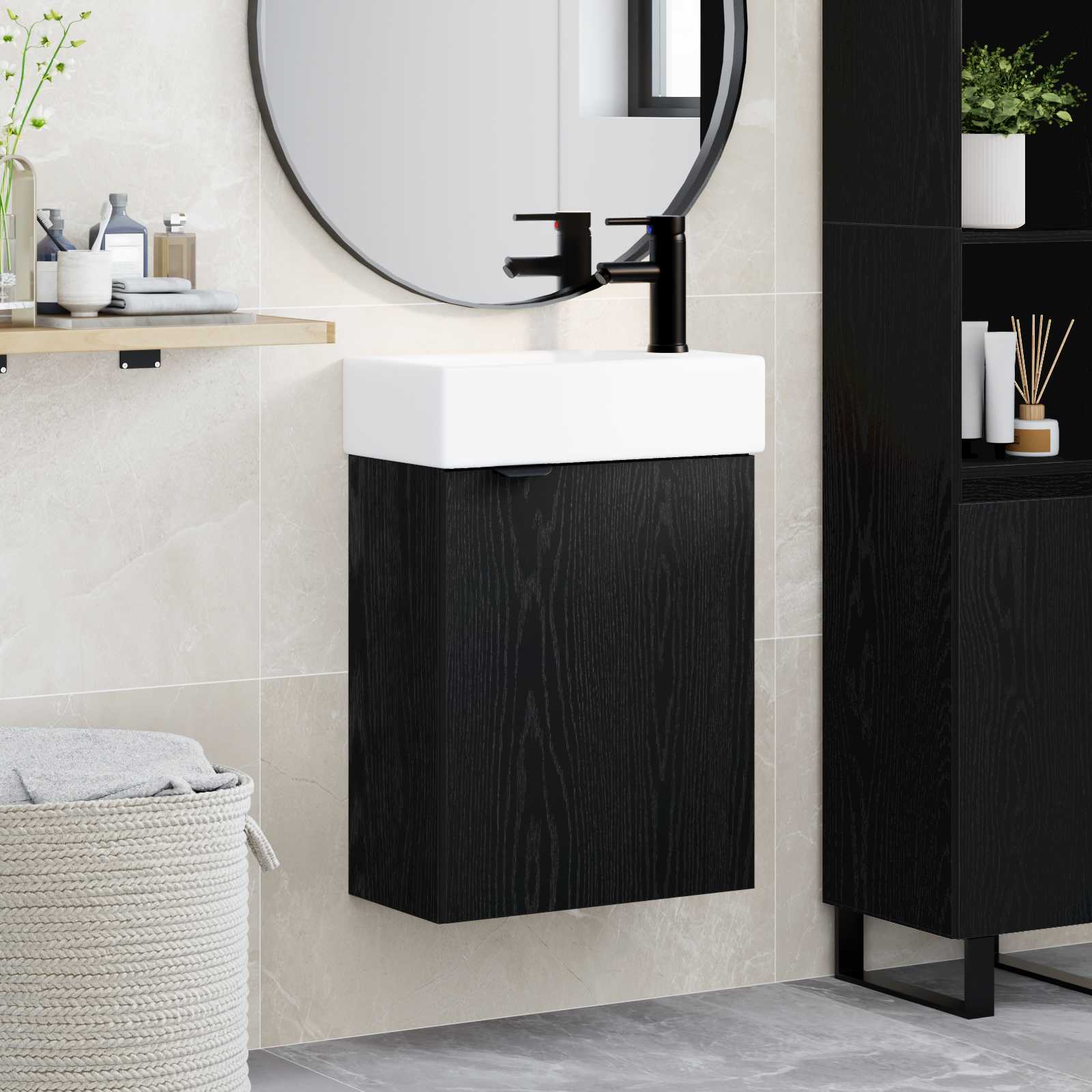 Badezimmer Waschtischunterschrank mit Wasserhahn Schwarze Eiche