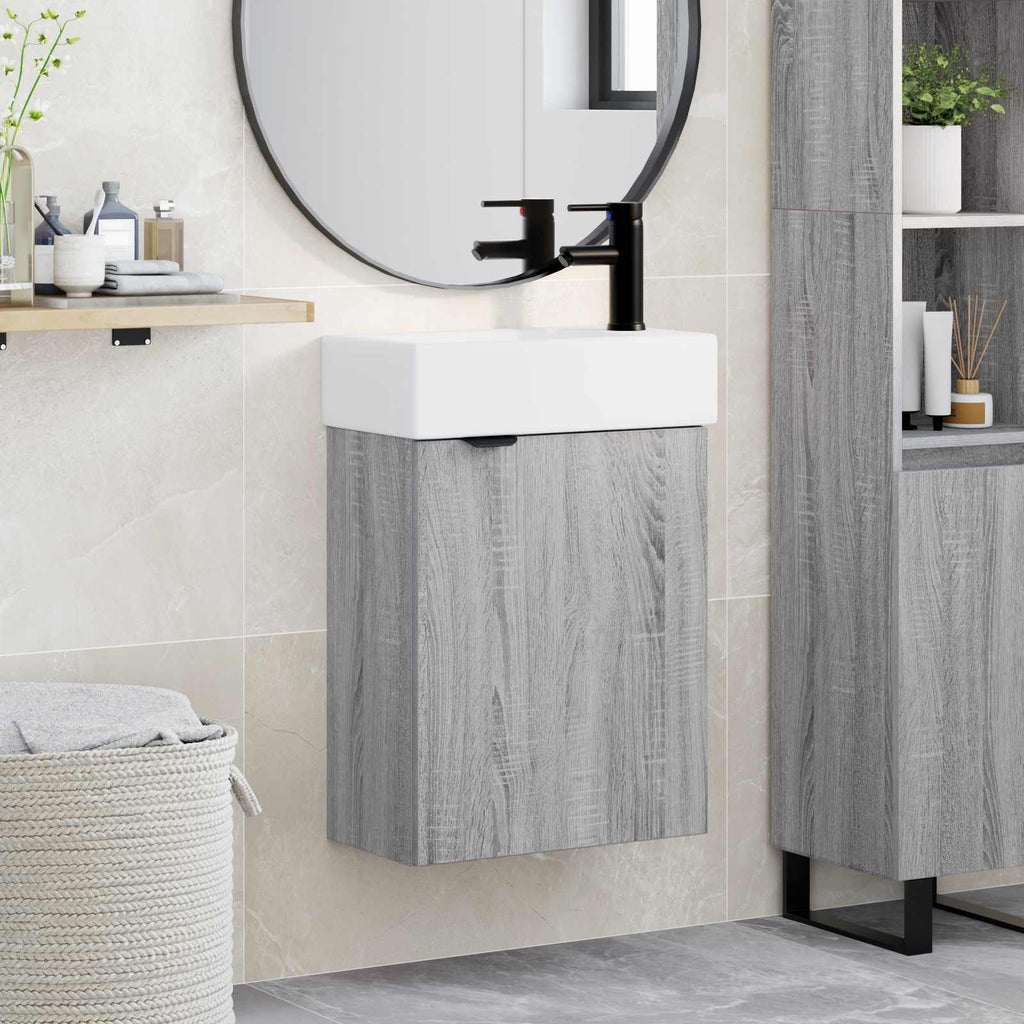 Badezimmer Waschtischunterschrank mit Wasserhahn Grau Sonoma