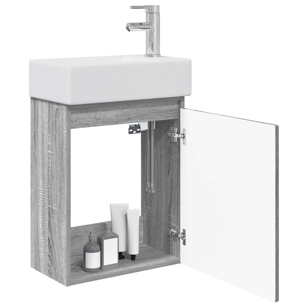 Badezimmer Waschtischunterschrank mit Wasserhahn Grau Sonoma
