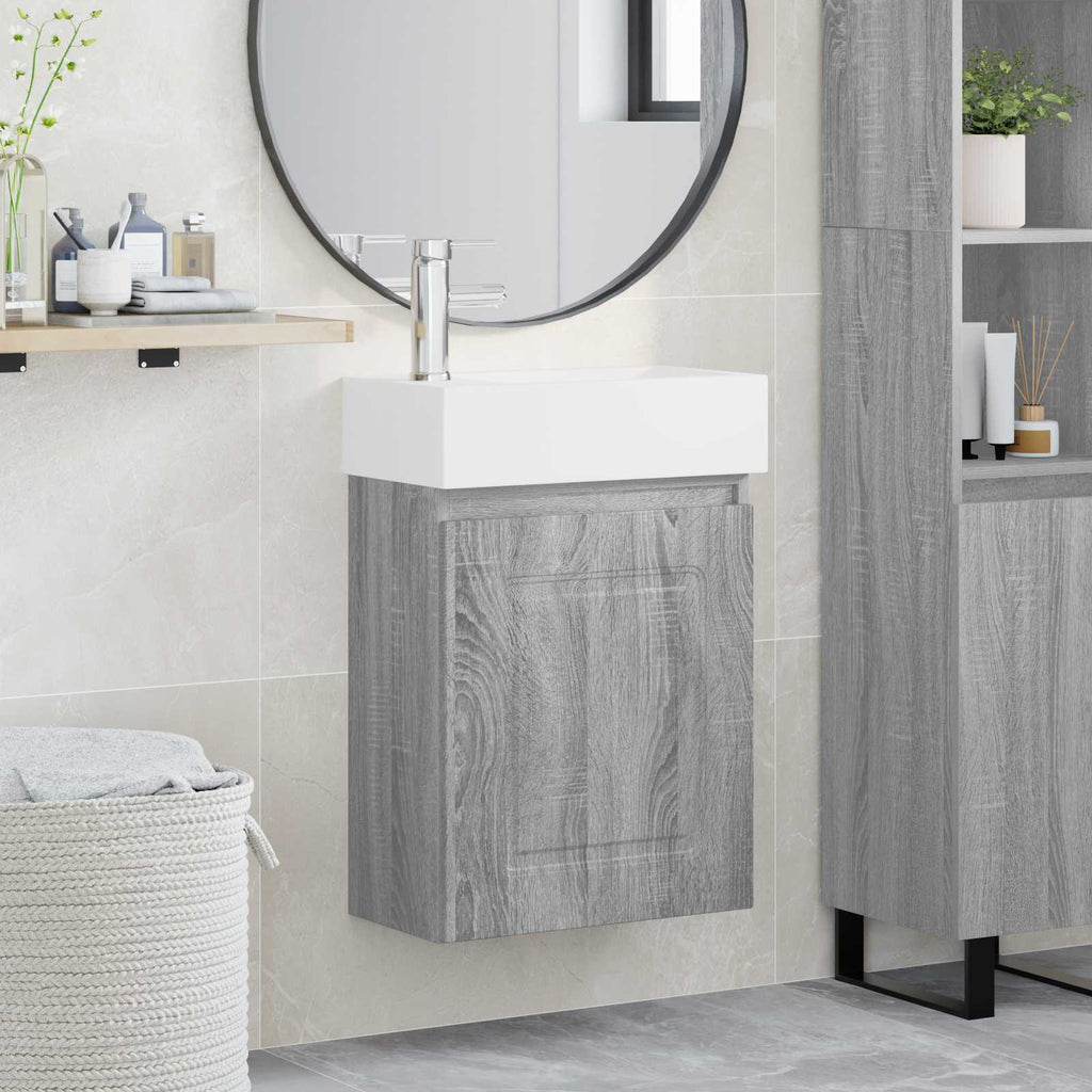 Badezimmer Waschtischunterschrank mit Wasserhahn Grau Sonoma