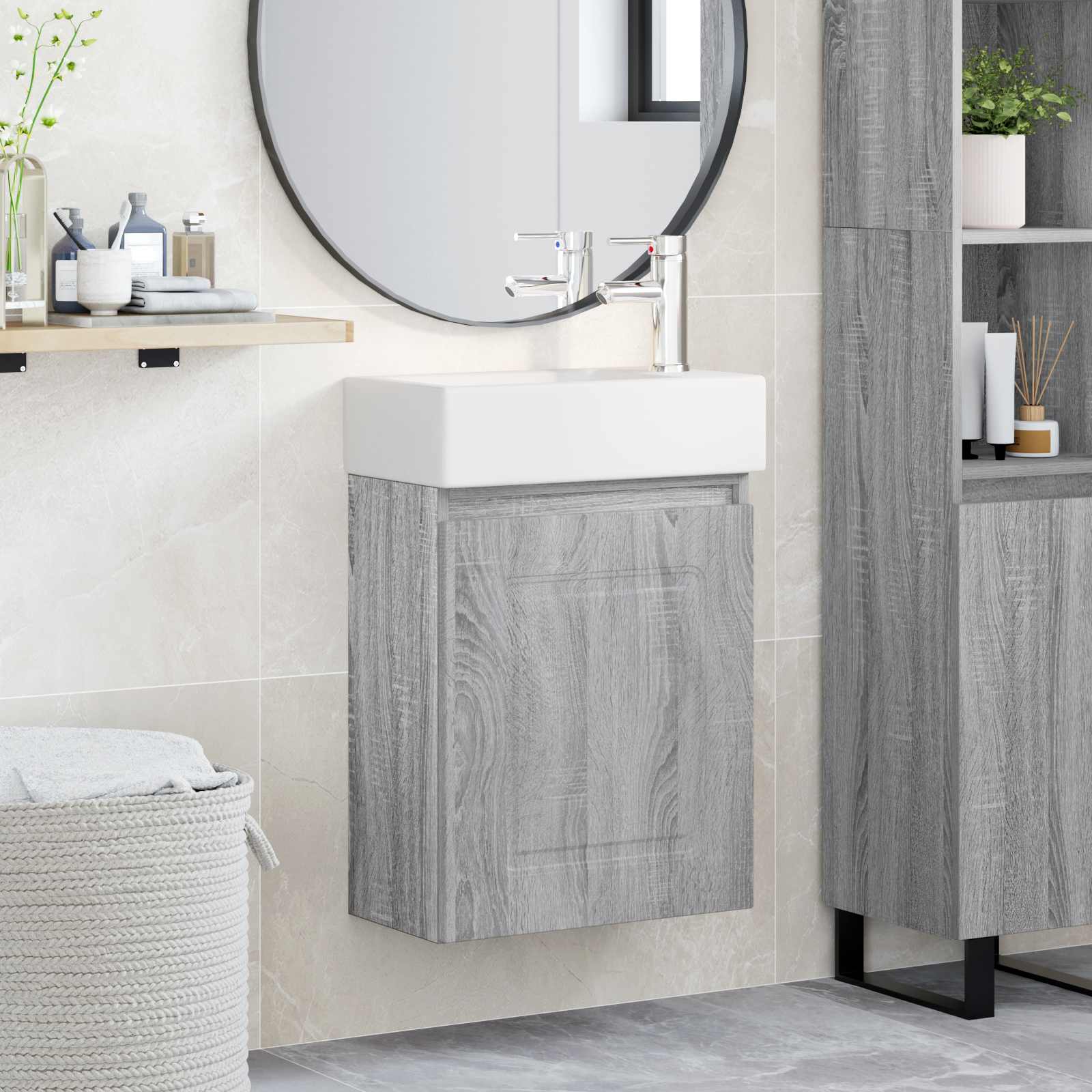 Badezimmer Waschtischunterschrank mit Wasserhahn Grau Sonoma