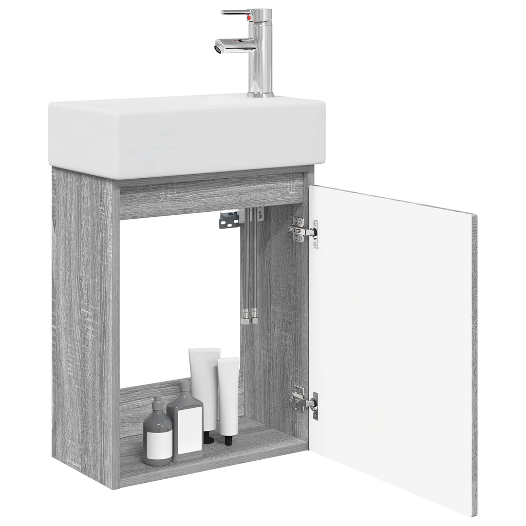 Badezimmer Waschtischunterschrank mit Wasserhahn Grau Sonoma