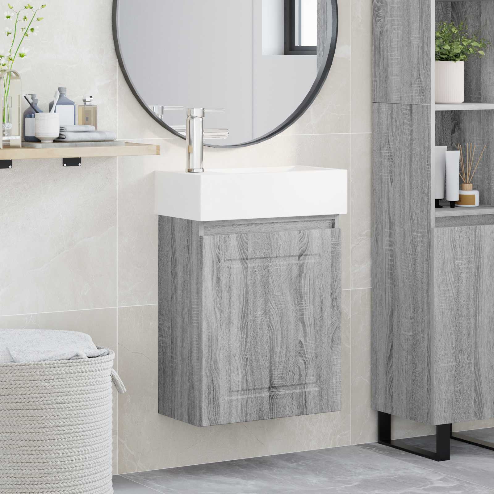 Badezimmer Waschtischunterschrank mit Wasserhahn Grau Sonoma