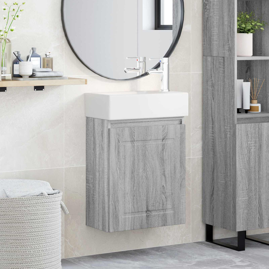 Badezimmer Waschtischunterschrank mit Wasserhahn Grau Sonoma