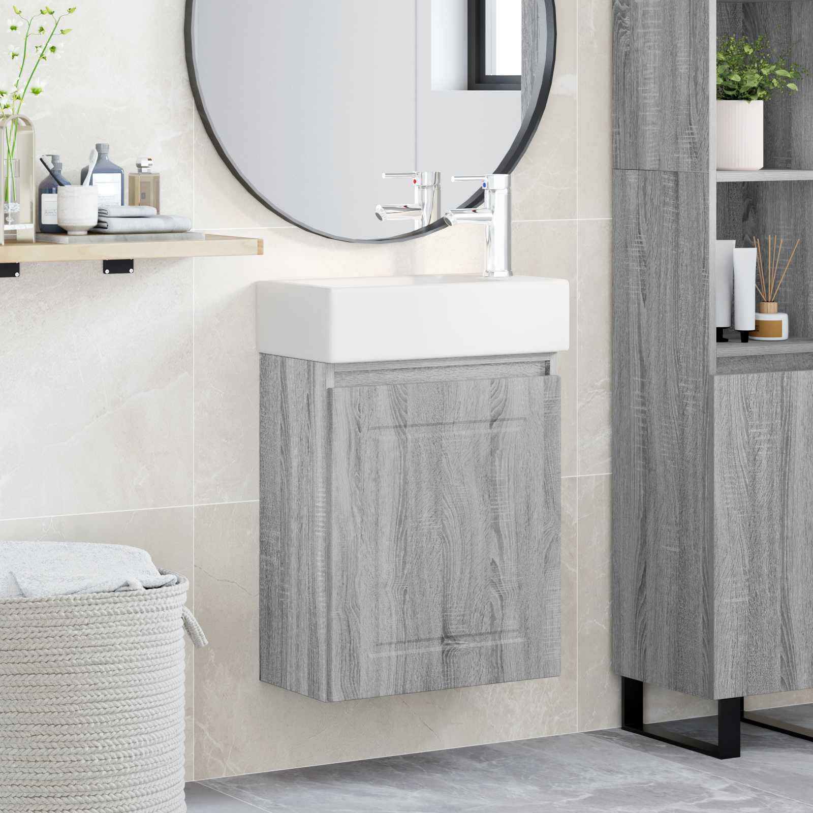 Badezimmer Waschtischunterschrank mit Wasserhahn Grau Sonoma