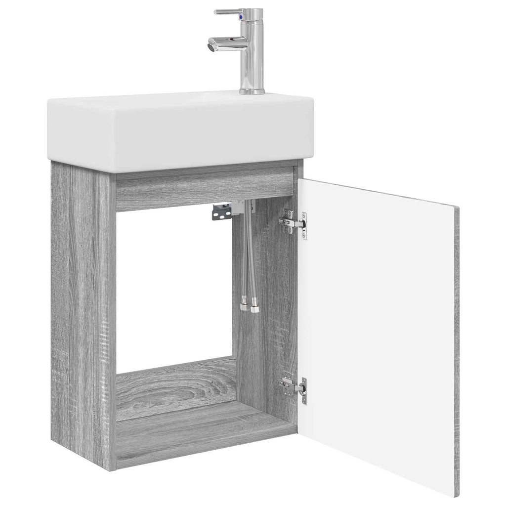 Badezimmer Waschtischunterschrank mit Wasserhahn Grau Sonoma