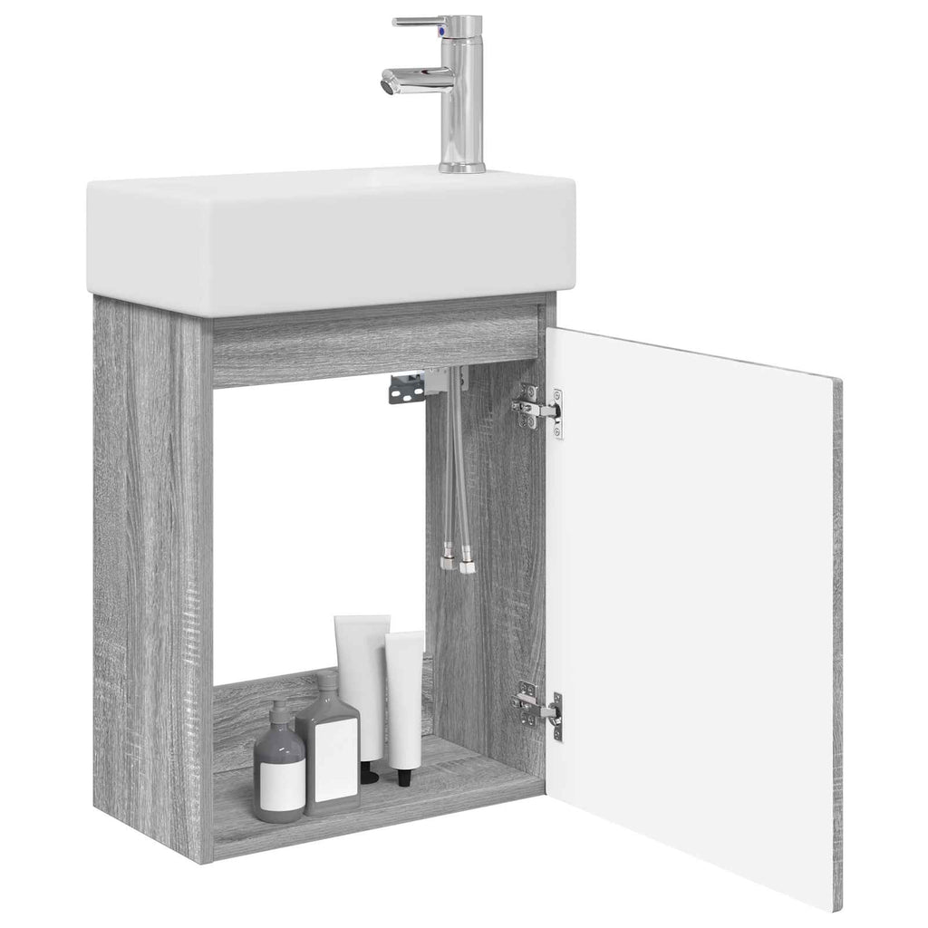 Badezimmer Waschtischunterschrank mit Wasserhahn Grau Sonoma