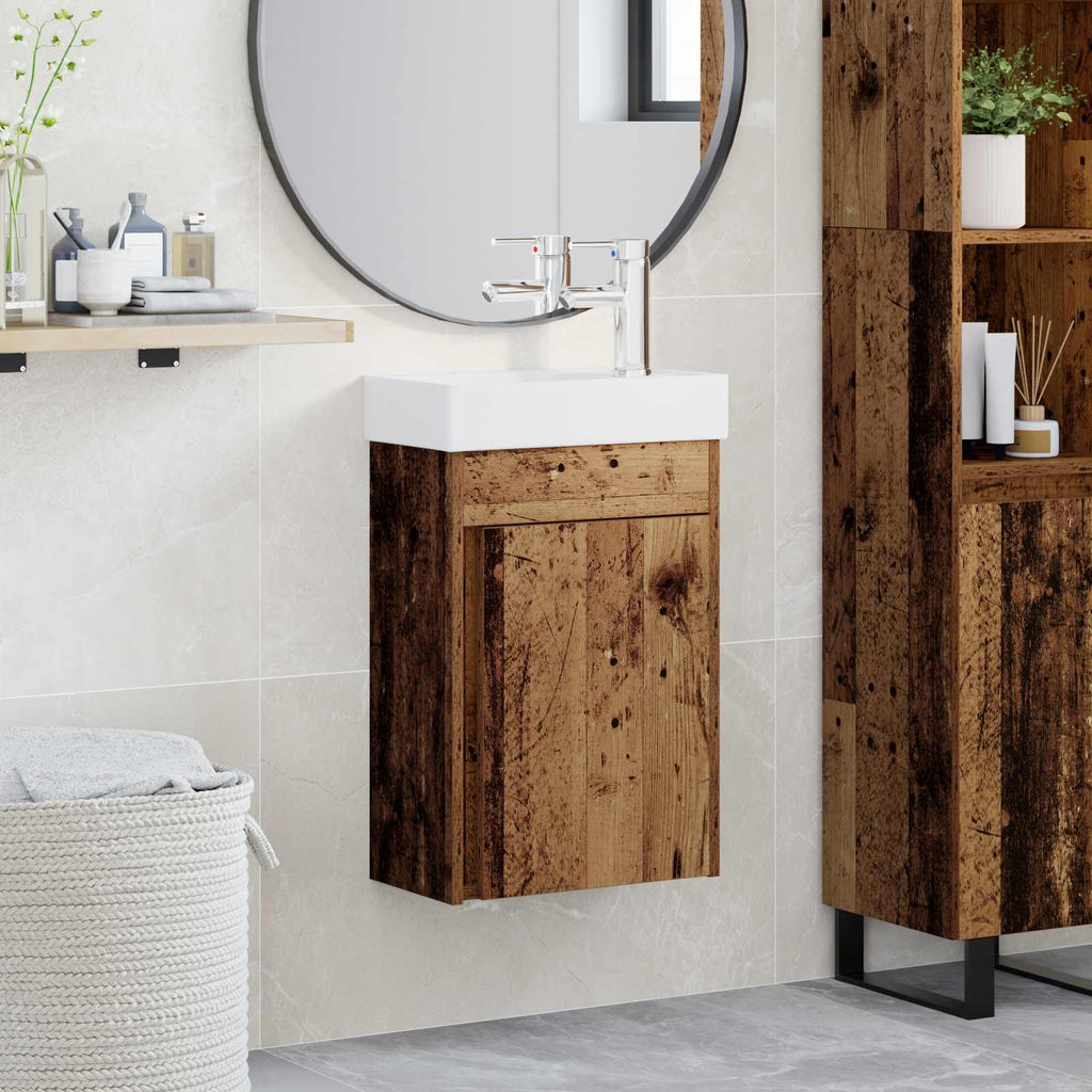 Badezimmer Waschtischunterschrank mit Wasserhahn Altholz