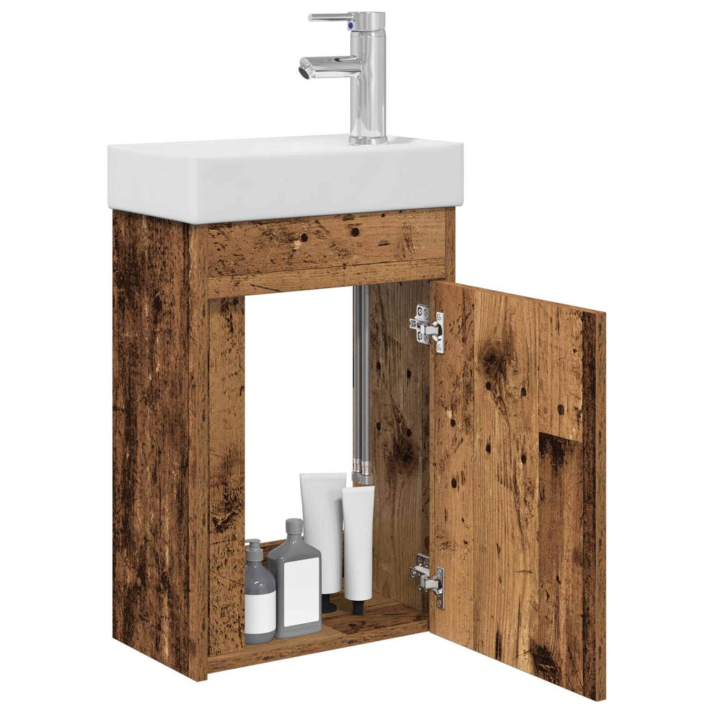 Badezimmer Waschtischunterschrank mit Wasserhahn Altholz